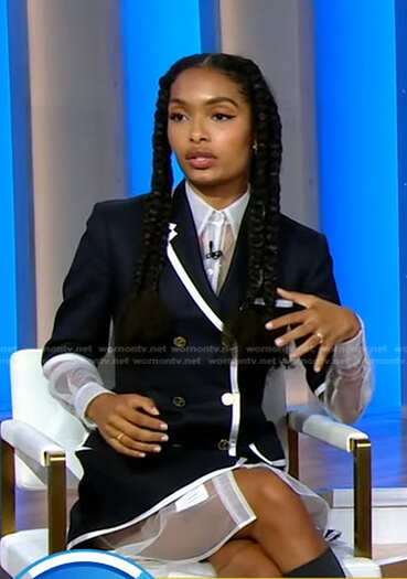 Yara Shahidi's contrast trim blazer and sheer shirtdress on Good Morning America