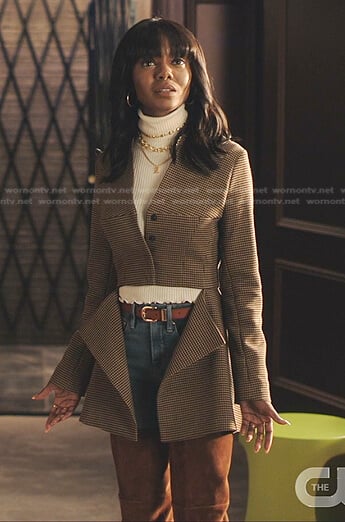 Zenzi’s brown check cutout blazer on Tom Swift