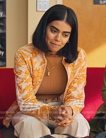 Aneesa's orange printed track jacket on Never Have I Ever