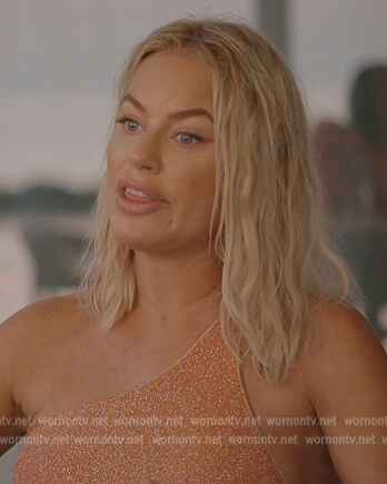 Caroline's one shoulder metallic swimsuit on The Real Housewives of Dubai