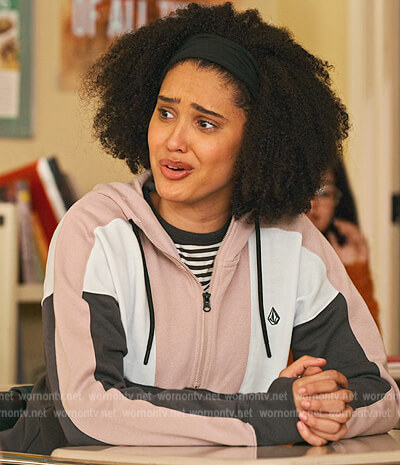 Fabiola's pink half zip jacket on Never Have I Ever