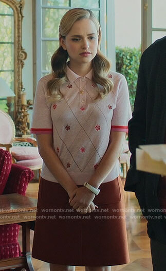 Ainsley's pink floral embroidered polo top on Loot