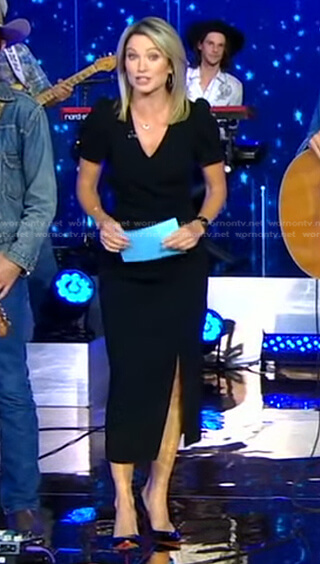Amy's black puff sleeve slit dress on Good Morning America