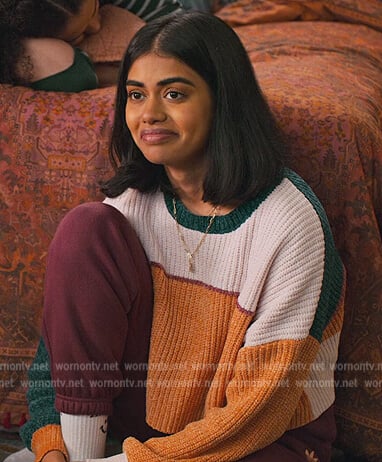 Aneesa's colorblock knit sweater on Never Have I Ever