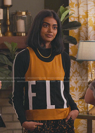 Aneesa's orange and black FLY tank on Never Have I Ever