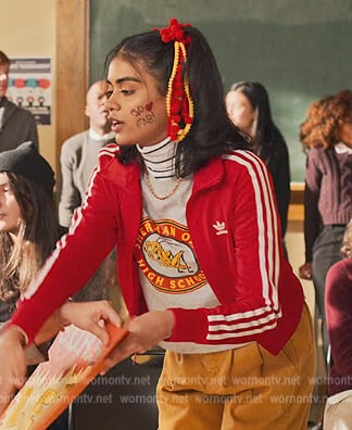 Aneesa's red stripe sleeve jacket on Never Have I Ever