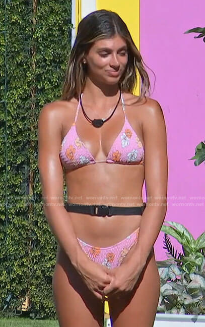 Bella's pink floral smocked bikini on Love Island USA