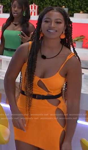 Bria's orange dress with cutouts on Love Island USA