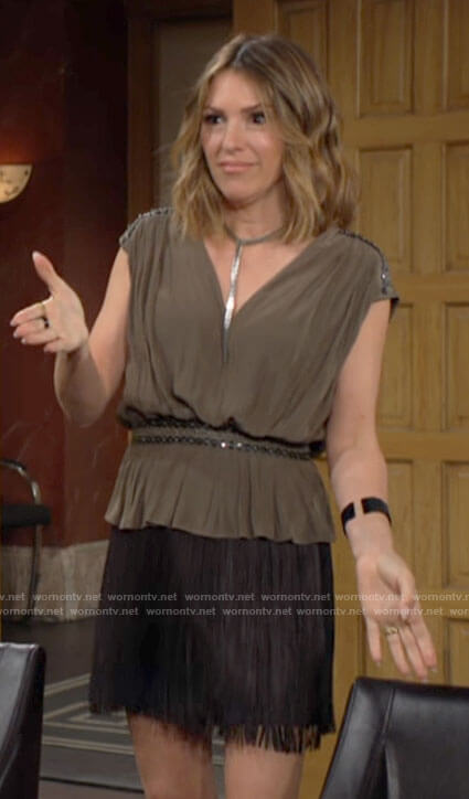 Chloe's olive green embellished peplum top on The Young and the Restless