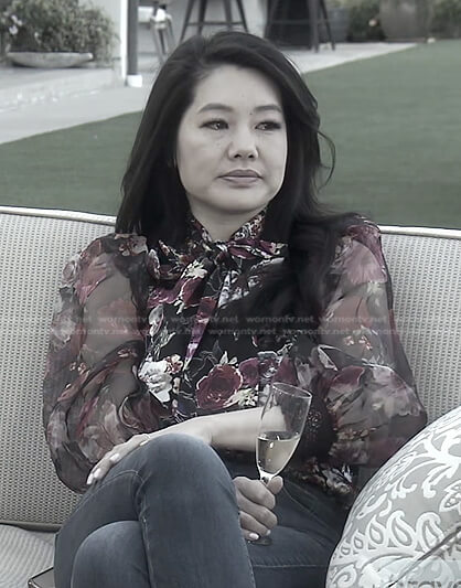 Crystal's floral tie neck blouse on The Real Housewives of Beverly Hills