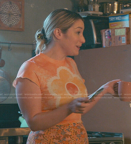 Davia's orange floral tie dye tee on Good Trouble