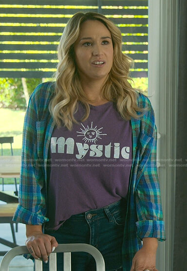 Davia's purple mystie tee and plaid shirt on Good Trouble