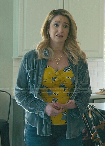 Davia's yellow banana print top and blue shirt on Good Trouble