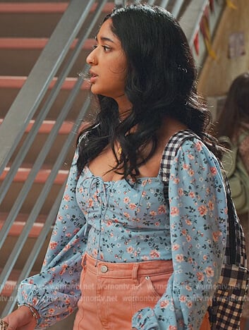 Devi's blue floral print sweetheart top on Never Have I Ever