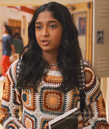 Devi's crochet knit sweater on Never Have I Ever