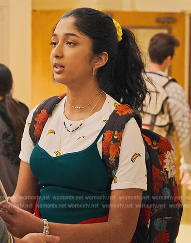 Devi's white banana print tee on Never Have I Ever
