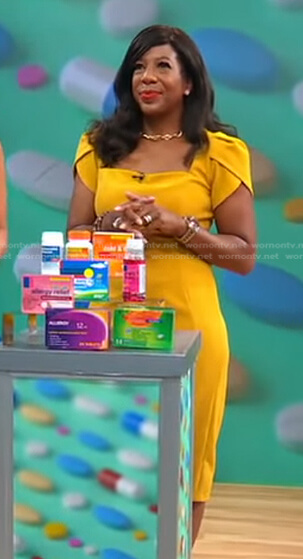 Dr. Christina Madison's yellow square neck sheath dress on Good Morning America