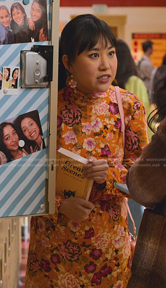 Eleanor's orange floral dress on Never Have I Ever
