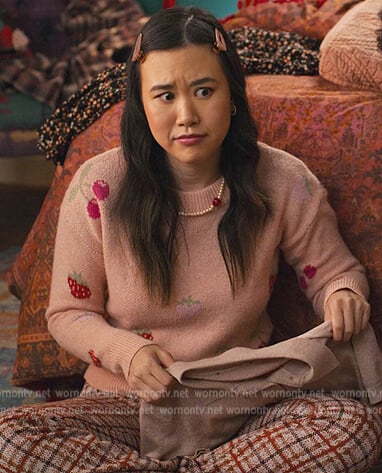 Eleanor's strawberry print sweater on Never Have I Ever