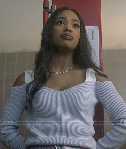 Faran's blue cold-shoulder sweater on Pretty Little Liars Original Sin