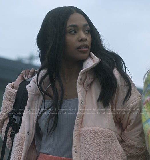 Faran's peach pink fleece jacket on Pretty Little Liars Original Sin