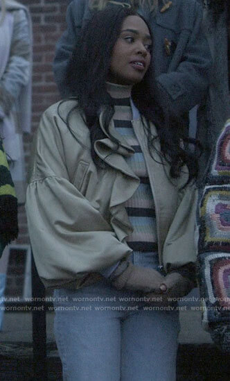 Faran's ruffled balloon sleeve jacket on Pretty Little Liars Original Sin