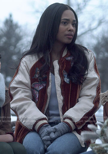 Faran's butterfly embroidered bomber jacket on Pretty Little Liars Original Sin