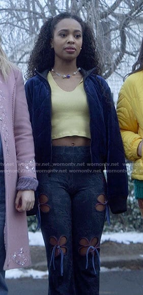 Faran's yellow ribbed top and flower cutout pants on Pretty Little Liars Original Sin