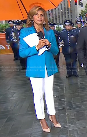 Hoda's blue blazer and white side slit pants on Today