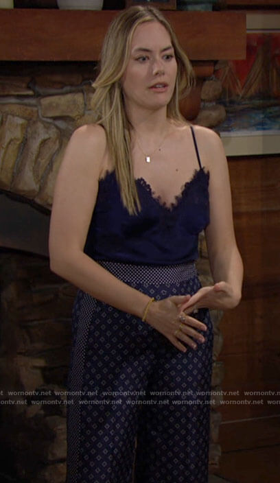 Hope's navy lace trim cami and printed pants on The Bold and the Beautiful