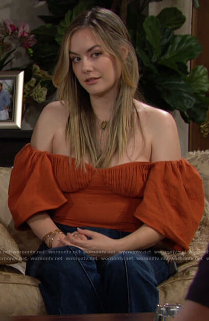 Hope's orange off-shoulder bustier top on The Bold and the Beautiful