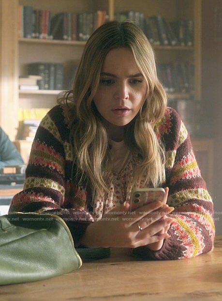 Imogen's burgundy printed cardigan on Pretty Little Liars Original Sin