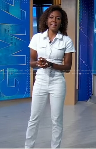 Janai's white short sleeve jumpsuit on Good Morning America