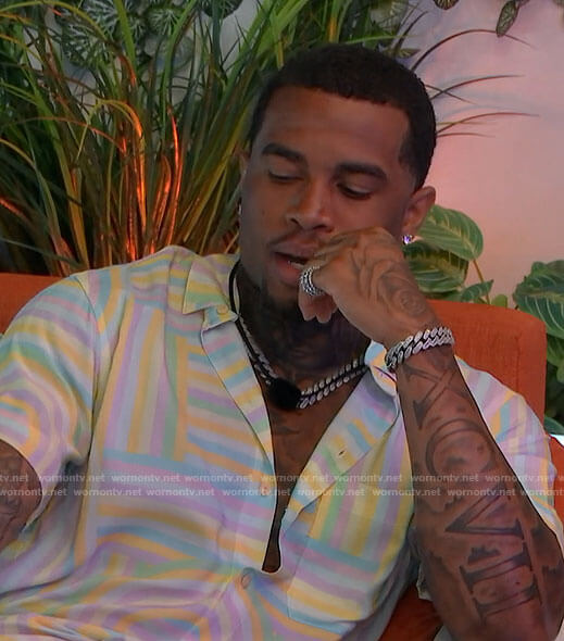 Jeff's pastel stripe shirt on Love Island USA