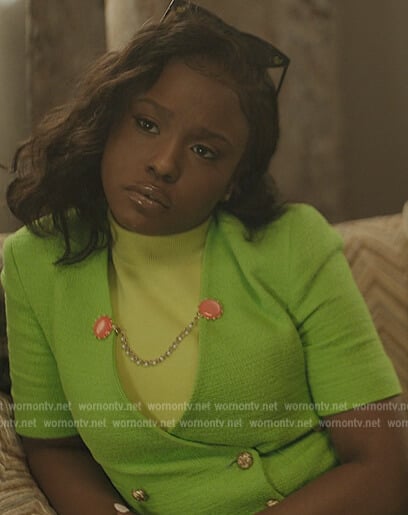 Jemma's green textured double breasted blazer on The Chi