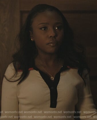 Jemma's white contrast polo sweater on The Chi