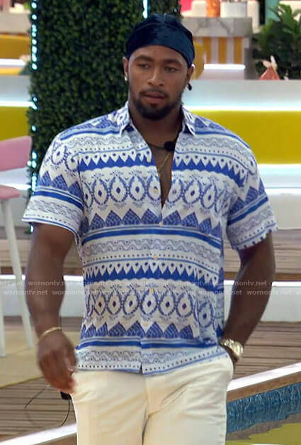 Jesse's blue and white printed shirt on Love Island USA