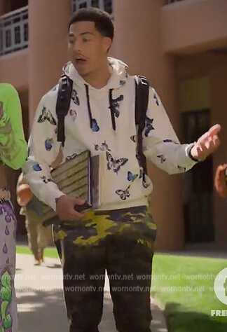 Junior's white butterfly print hoodie on Grown-ish