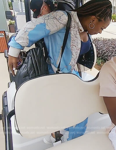 Kandi's blue map print shirt and pants on The Real Housewives of Atlanta