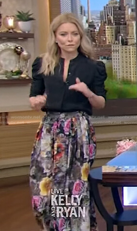 Kelly's black blouse and floral skirt on Live with Kelly and Ryan