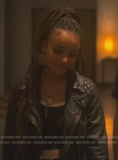 Kiela's black quilted leather moto jacket on Grown-ish