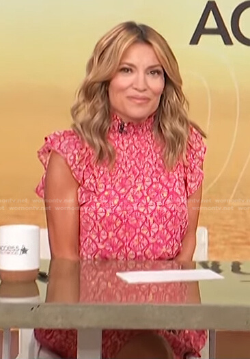 Kit's pink printed ruffle mini dress on Access Hollywood