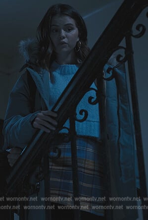 Mabel's blue coat with shealing hoodie on Only Murders in the Building