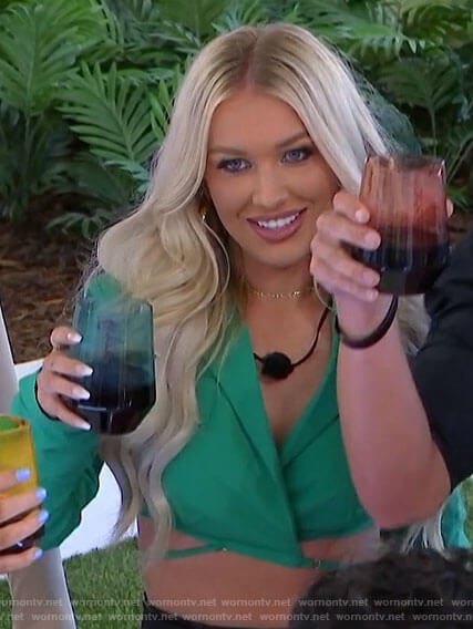 Mady's green cropped wrap shirt on Love Island USA