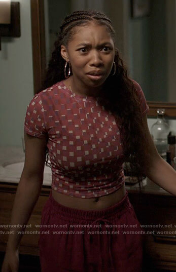 Maggie's pink geometric print top on American Horror Stories