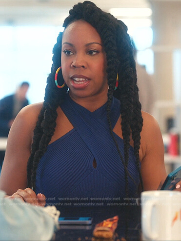 Malika's blue ribbed cross neck top on Everythings Trash
