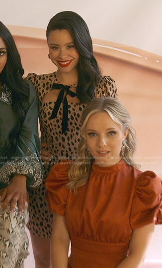 Mariana's leopard tie neck mini dress on Good Trouble
