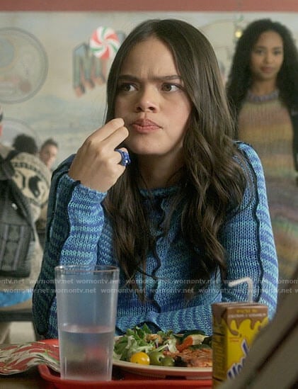 Mouse's blue space-dye sweater on Pretty Little Liars Original Sin