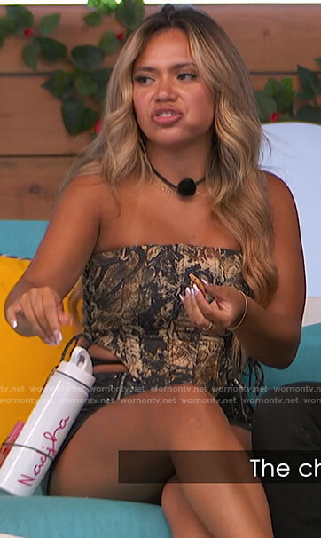 Nadjha's brown printed corset top on Love Island USA