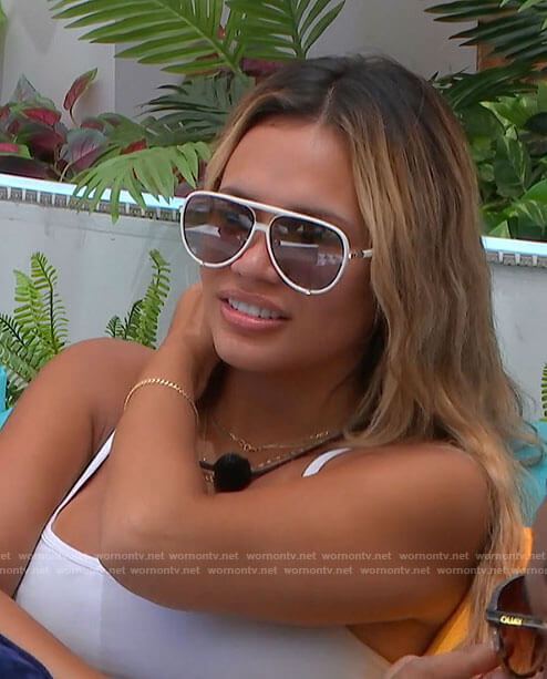 Nadjha's white frame sunglasses on Love Island USA